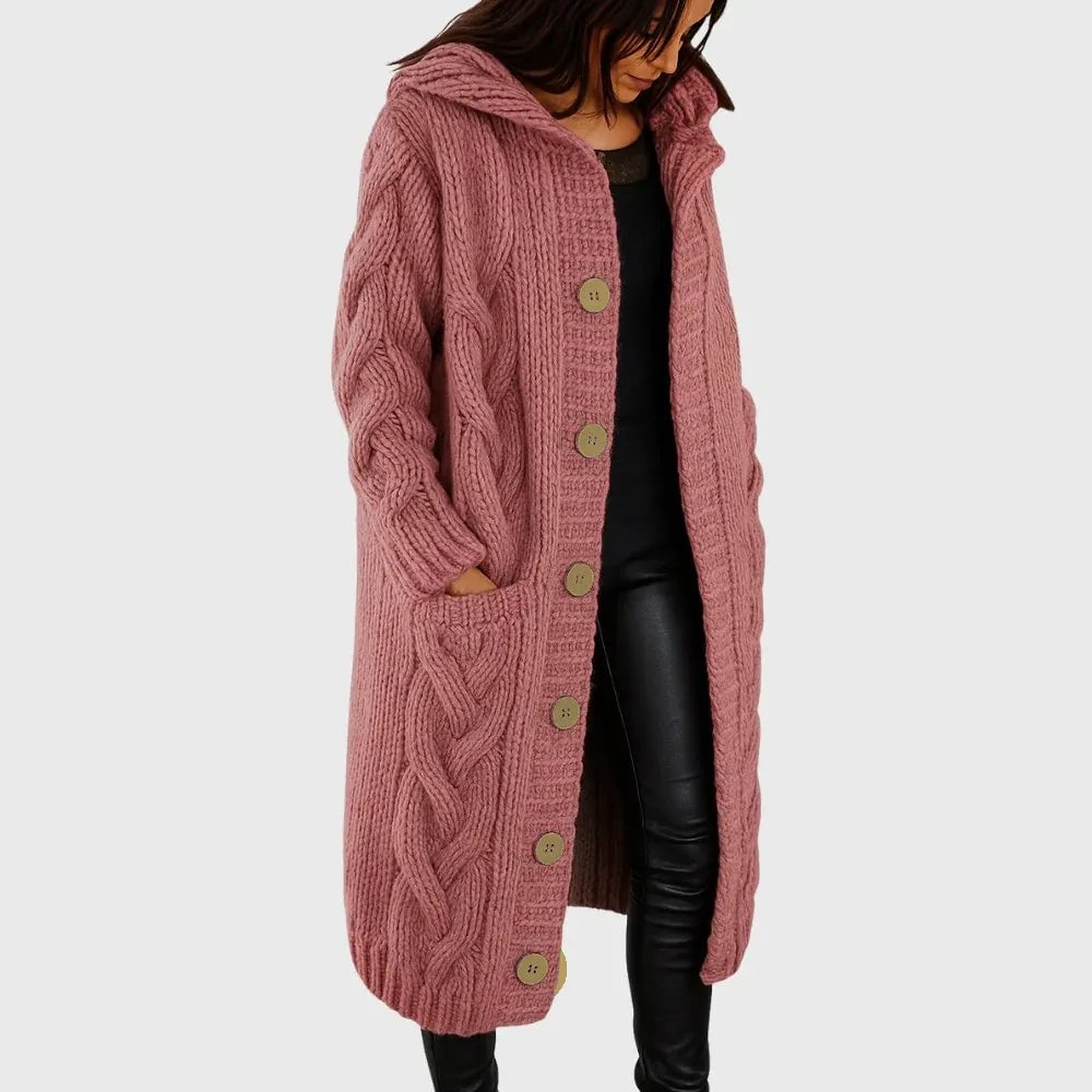 Front view of the Cadence cozy coat showing its flattering drape and refined tailored design