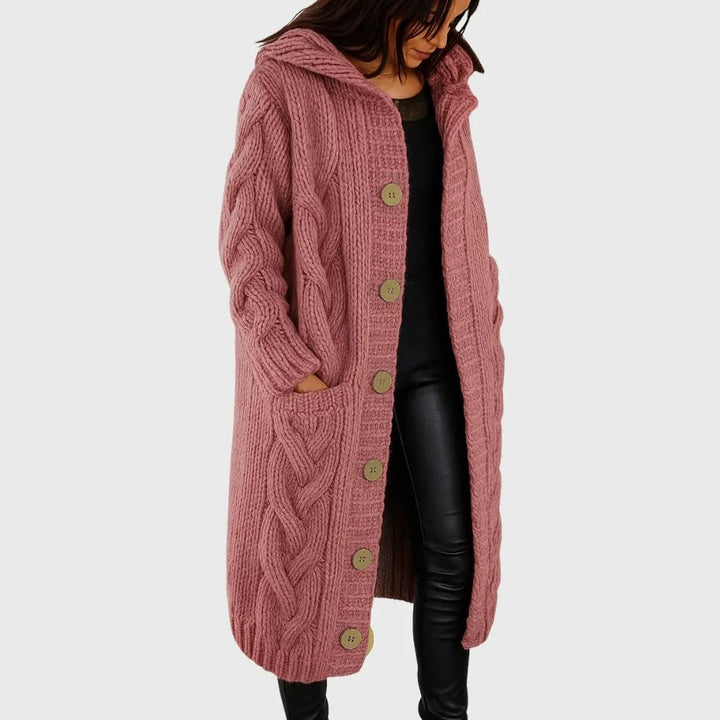 Front view of the Cadence cozy coat showing its flattering drape and refined tailored design