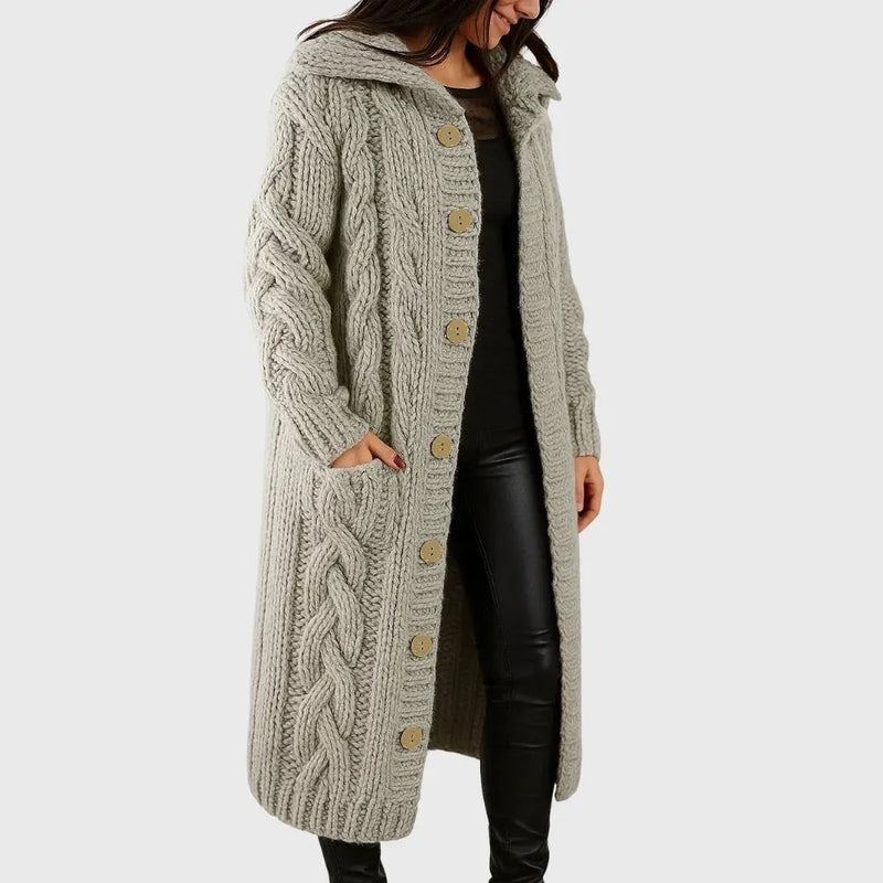 Side profile of the Cadence elegant coat demonstrating ease of movement and graceful silhouette