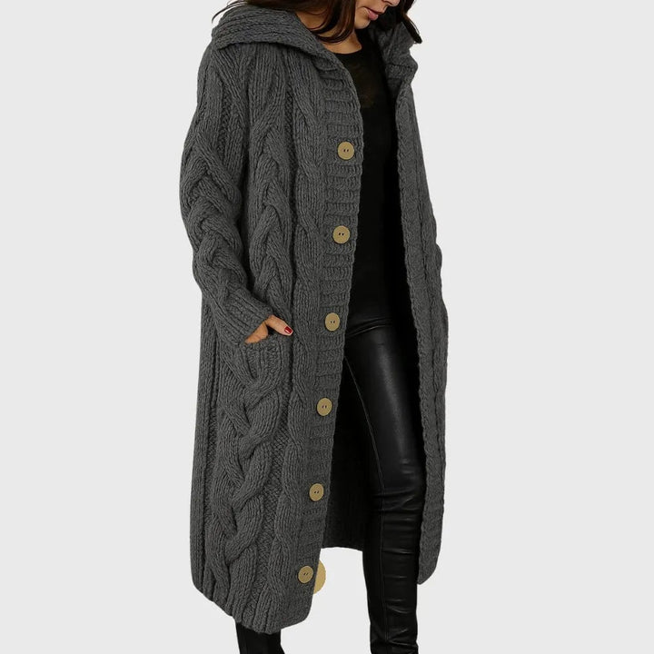 Cadence cozy coat styled over a dress for a sophisticated, occasion-ready outfit