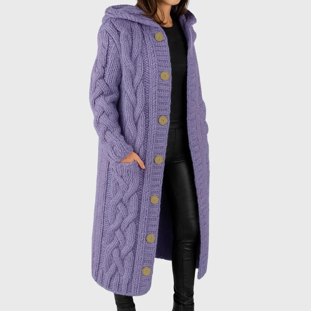 Cadence cozy coat in blue colorway laid flat to showcase the full length and sleeve detail