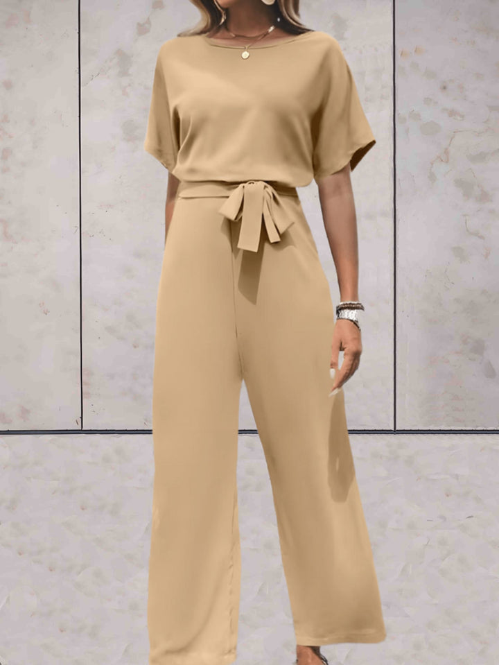 Front view of the Cali two-piece set showing the round neckline top and floor-grazing wide-leg pants