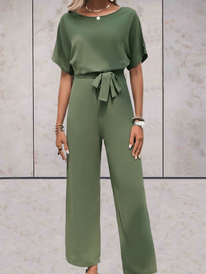 Side view of the Cali wide-leg pants set highlighting the relaxed silhouette and elastic waistband