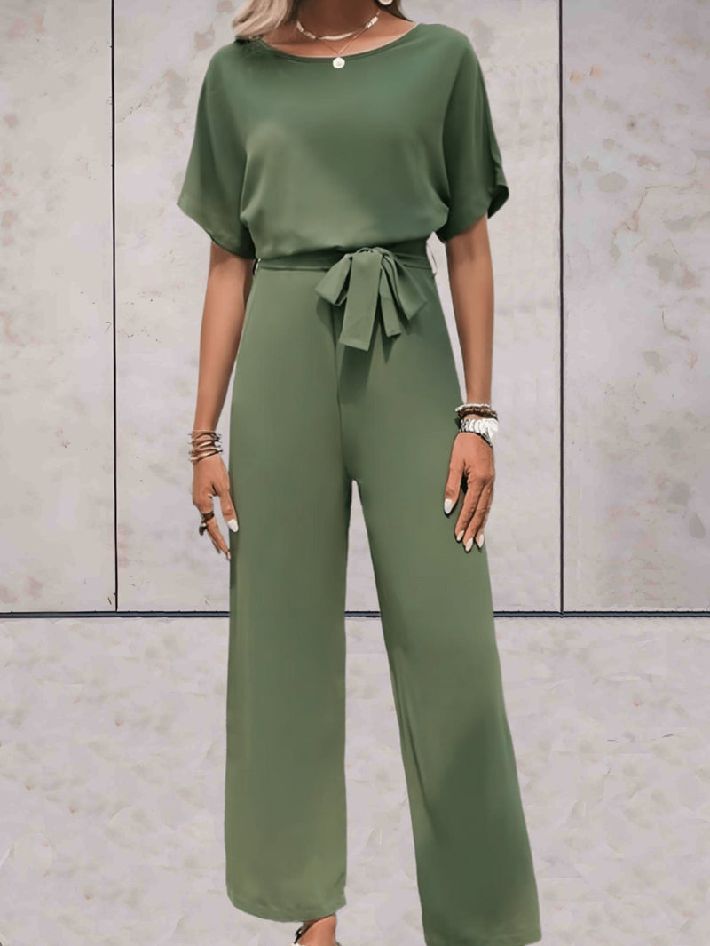 Side view of the Cali wide-leg pants set highlighting the relaxed silhouette and elastic waistband