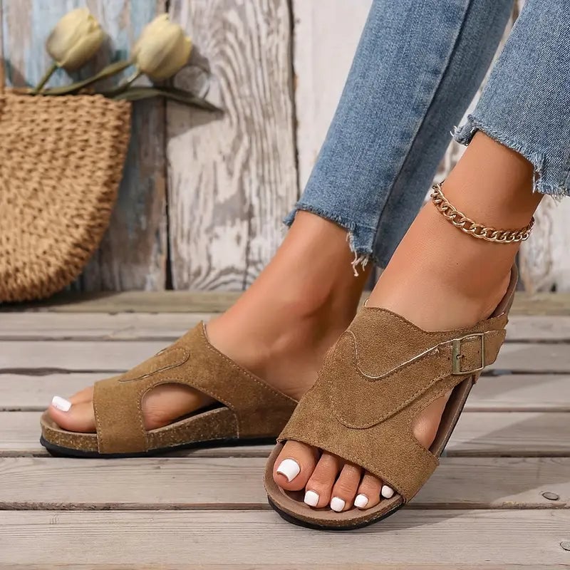 Calliope flat sandal in khaki, front three-quarter view