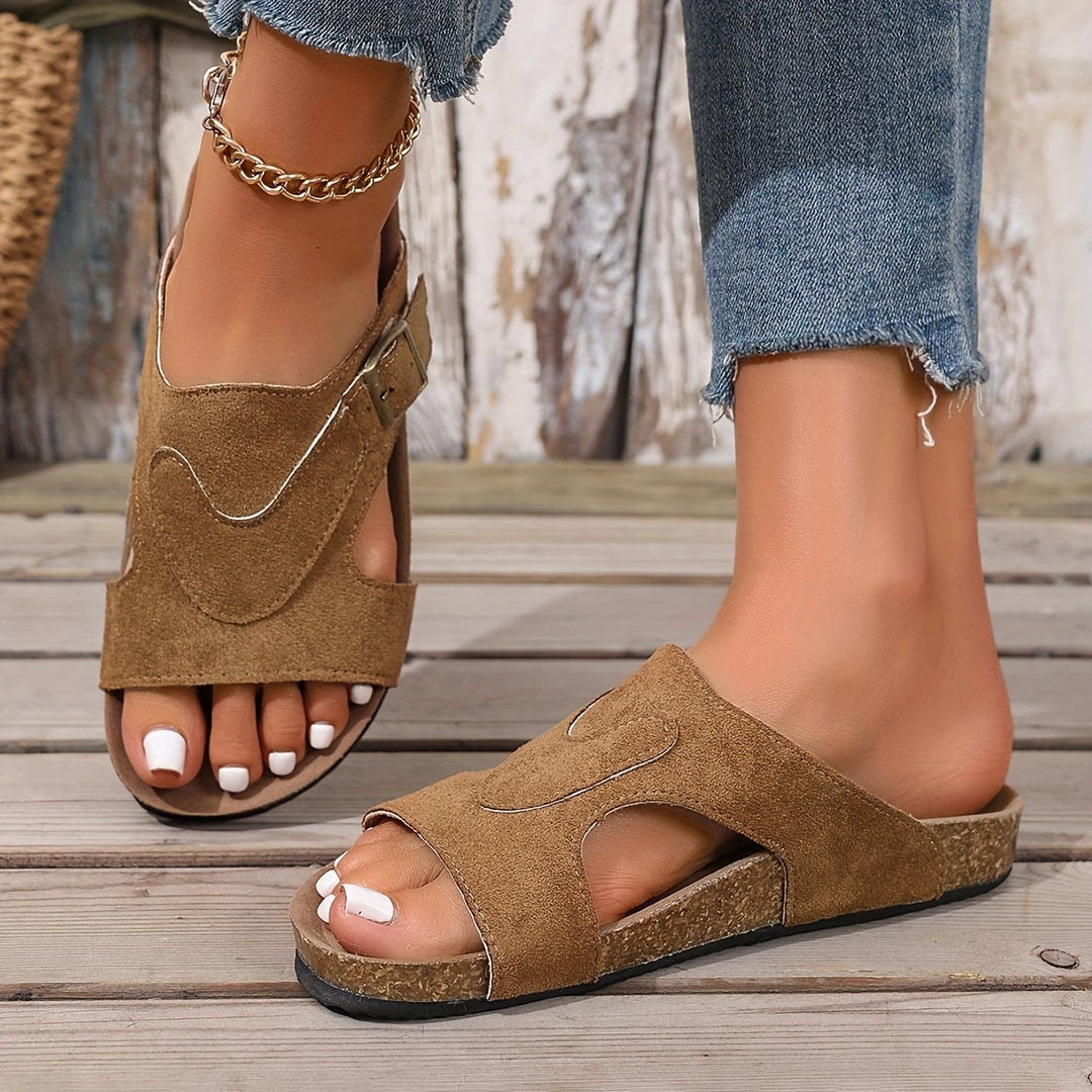 Calliope flat sandal in khaki, top-down view showing strap and footbed