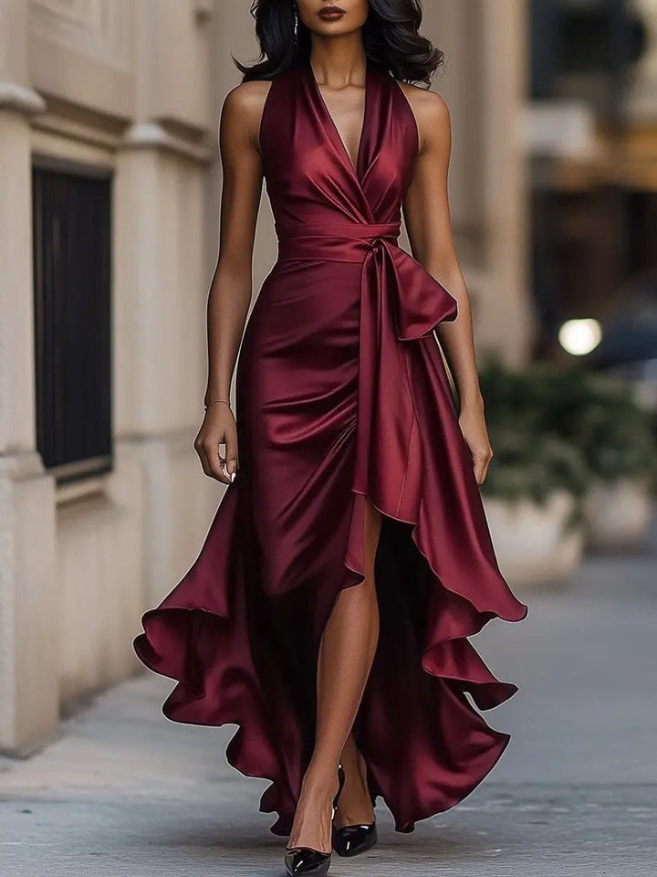 Woman in the Calliope brown halter maxi dress styled with heeled sandals for a formal occasion