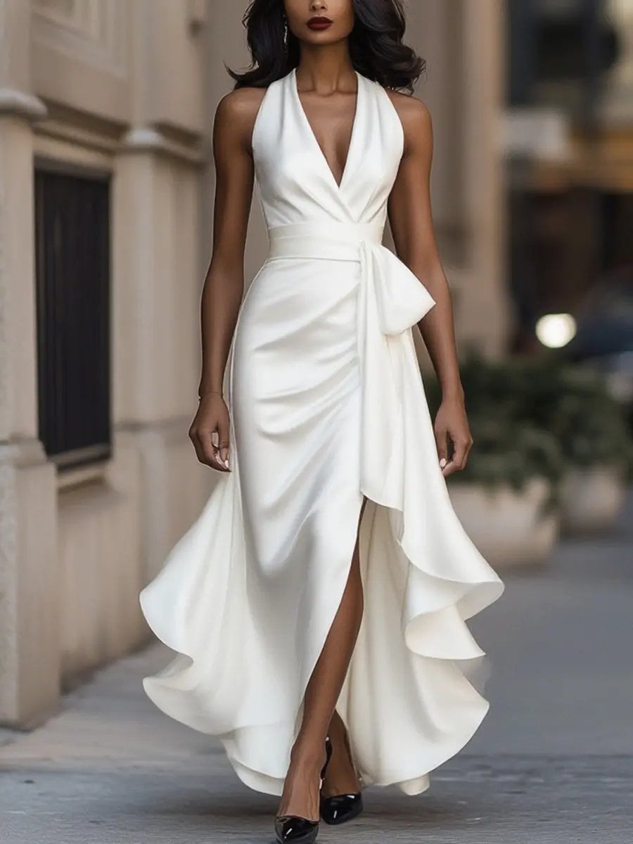Calliope halter neck maxi dress in black with dramatic floor-length movement