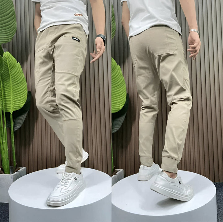 Close-up of cargo pants fabric and pocket stitching highlighting stretch material quality
