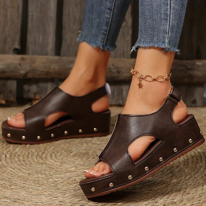 Camellia women's platform sandals in brown, top-down view showing strap detail and open toe design