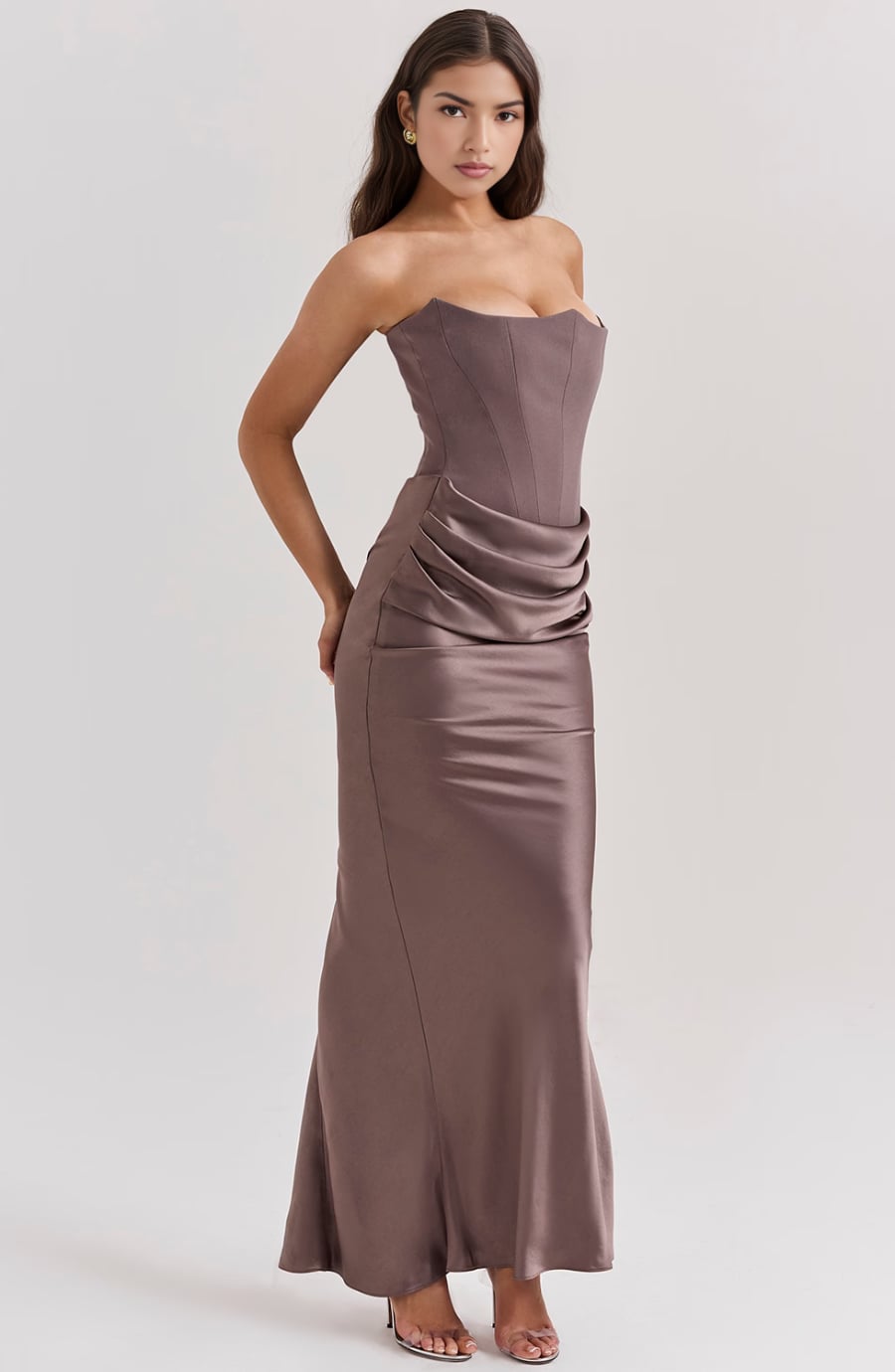 Model wearing the Camellia strapless lace dress in Pink, full-length view