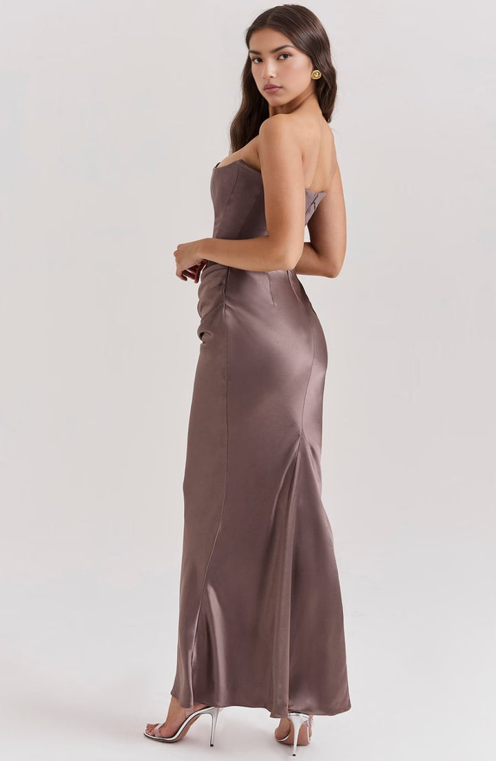 Front view of the Camellia evening dress in Pink highlighting the bodice and skirt