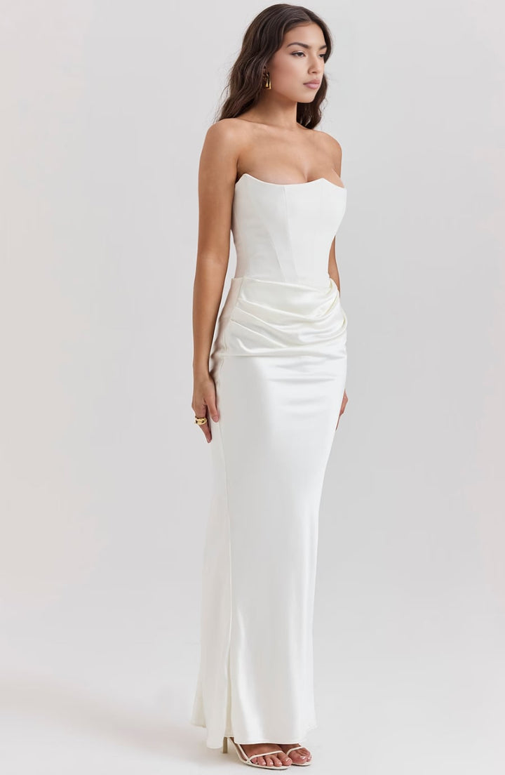 Model wearing the Camellia strapless evening dress in White, full-length view