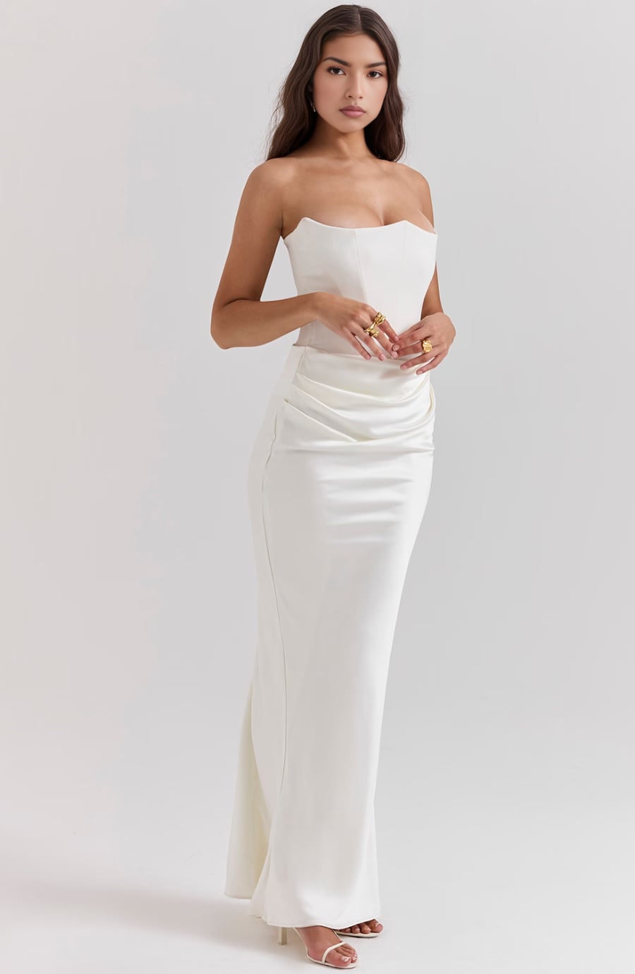 Front view of the Camellia lace dress in White highlighting the hourglass shape
