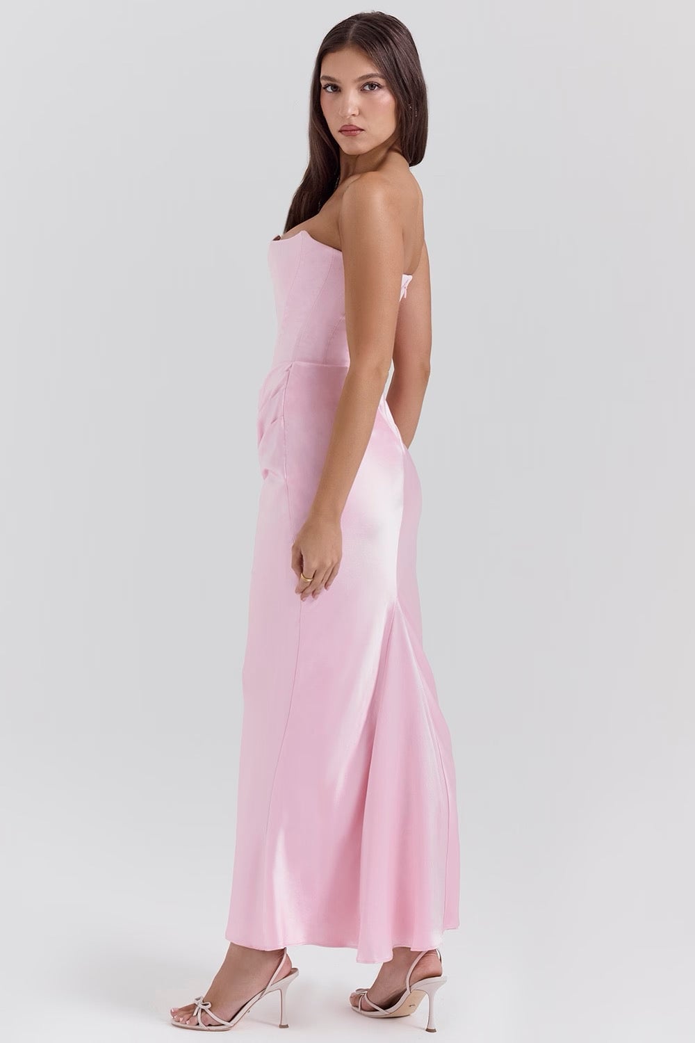 Flat lay of the Camellia strapless lace dress in Brown