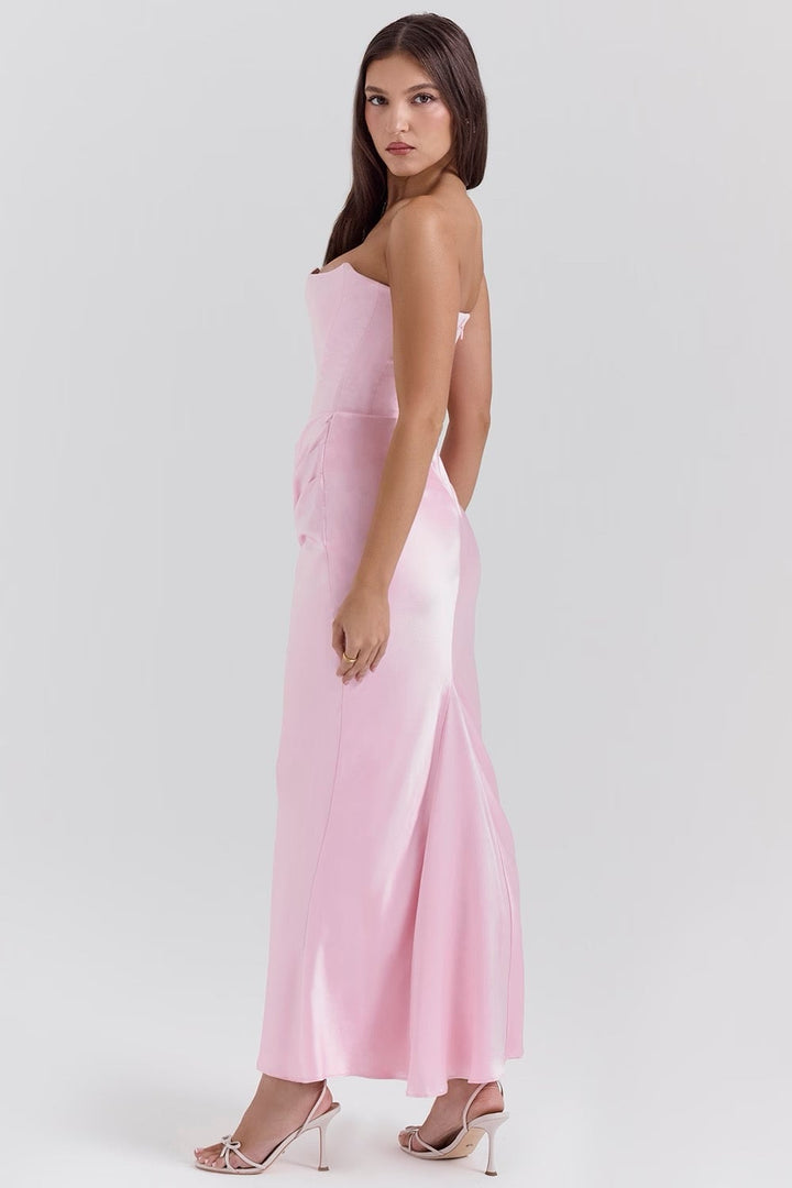 Flat lay of the Camellia strapless lace dress in Brown