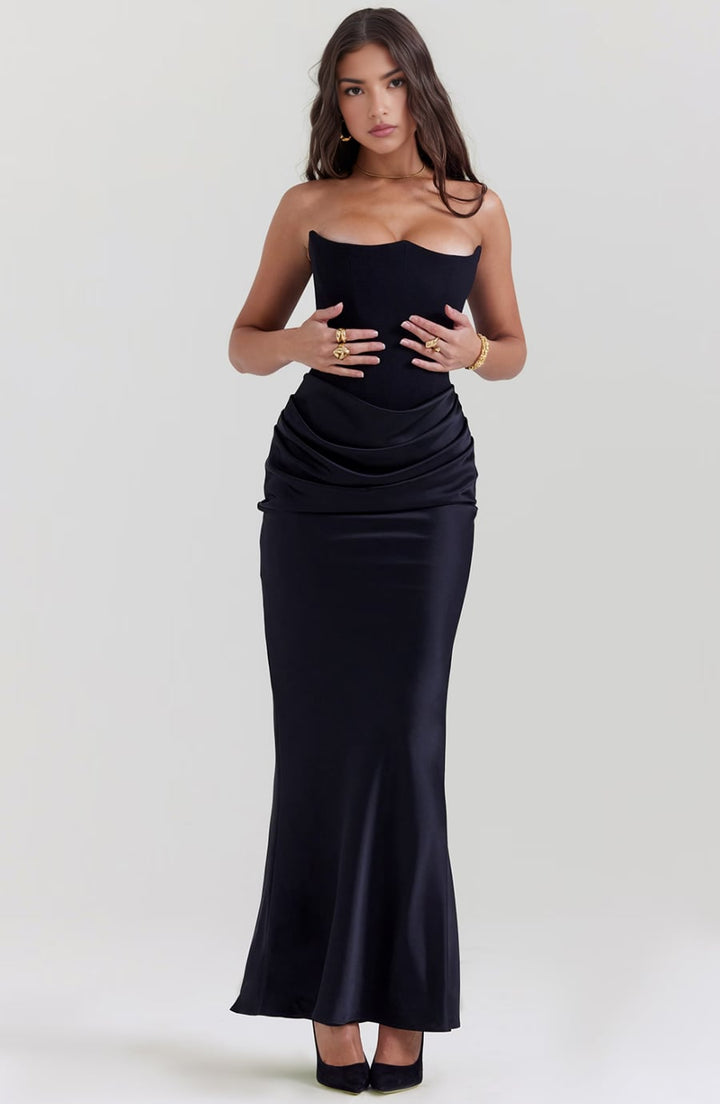 Flat lay of the Camellia strapless lace dress in Red
