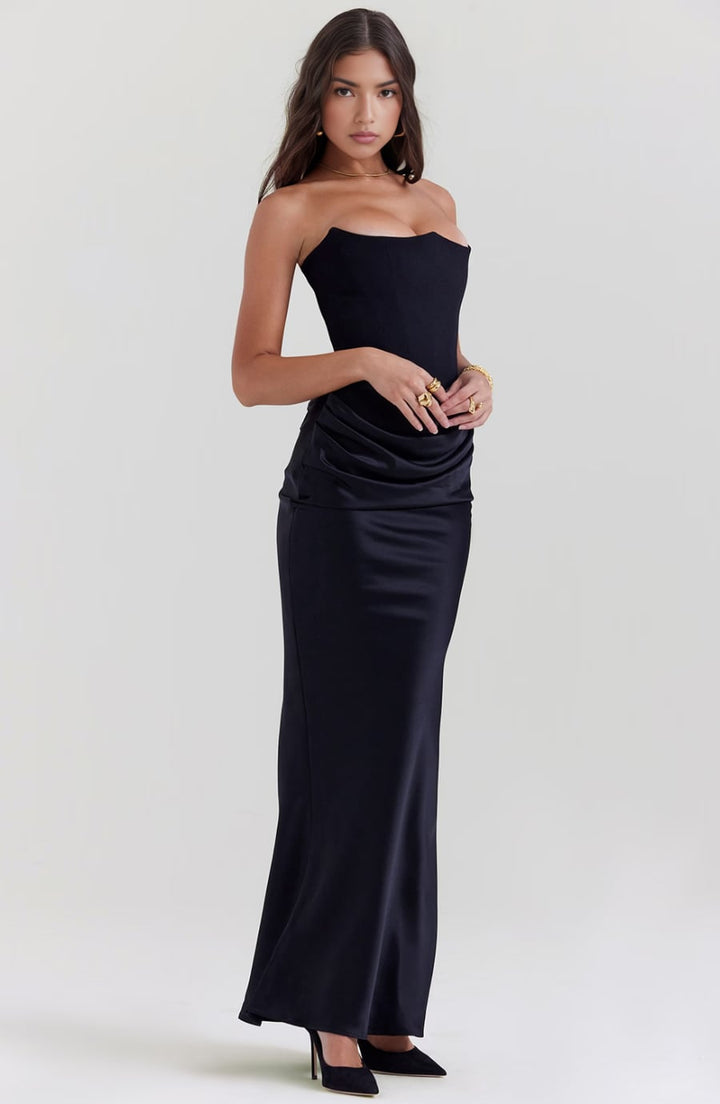 Size and fit guide graphic for the Camellia strapless evening dress