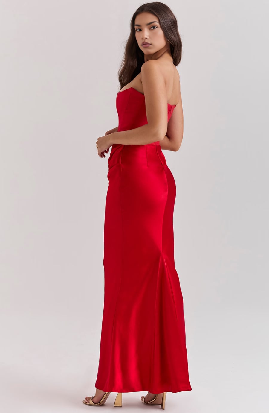 Detail shot of the Camellia strapless dress bodice construction showing the supportive lace overlay