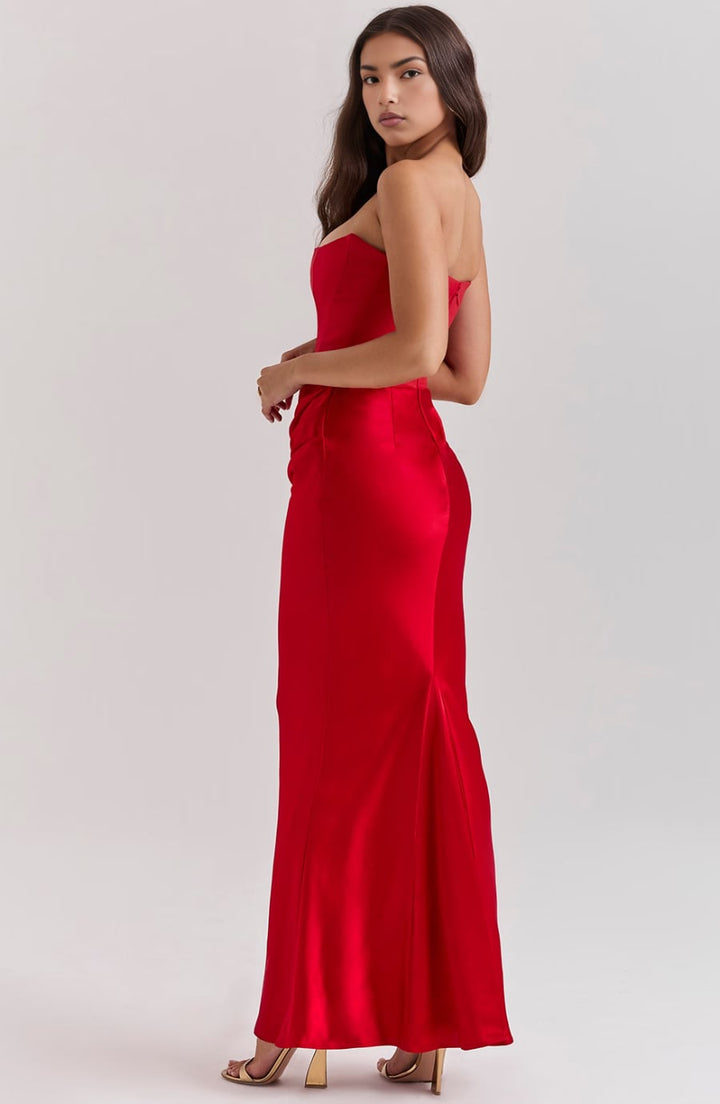 Detail shot of the Camellia strapless dress bodice construction showing the supportive lace overlay