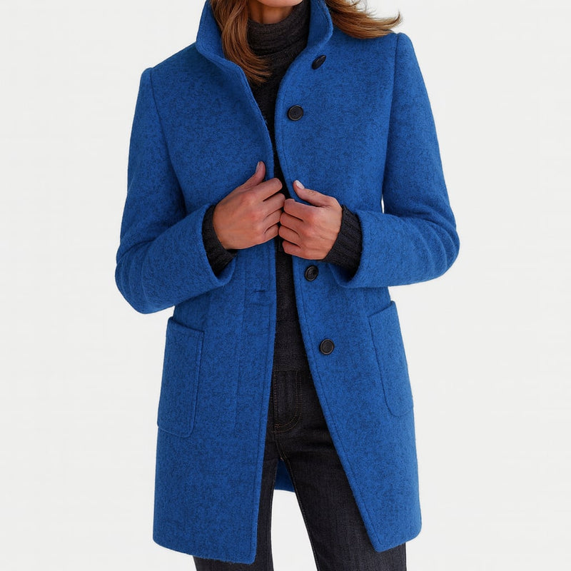 Front view of the Camila women's coat showing its tailored shape and smooth drape