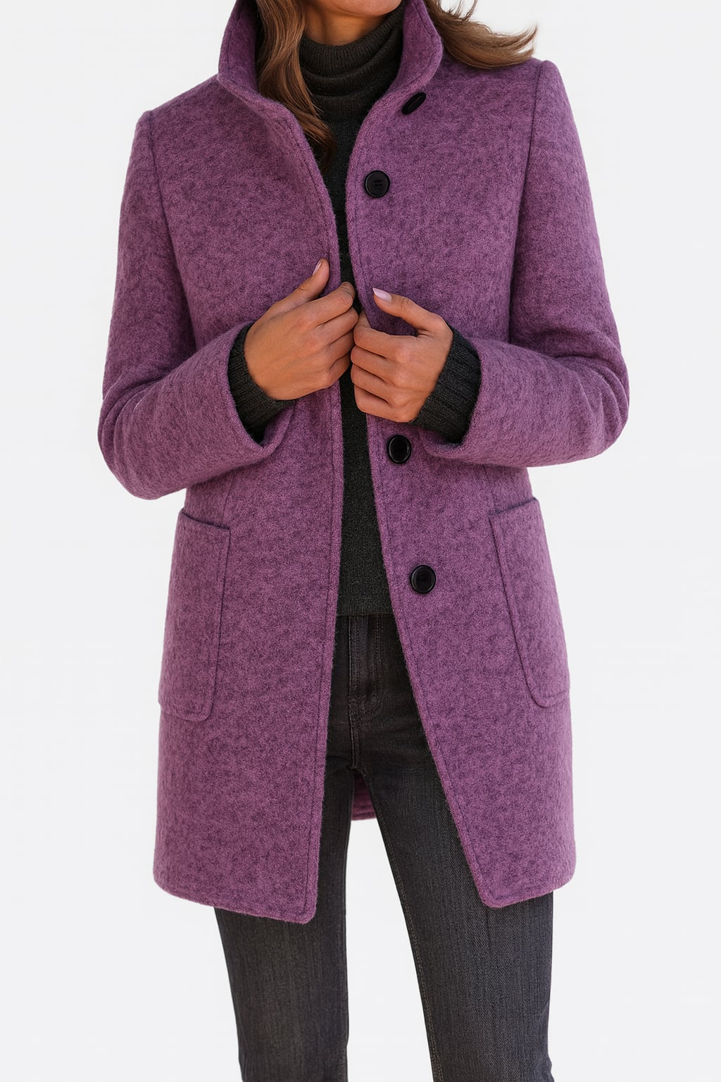 Side profile of the Camila coat highlighting its clean, graceful silhouette