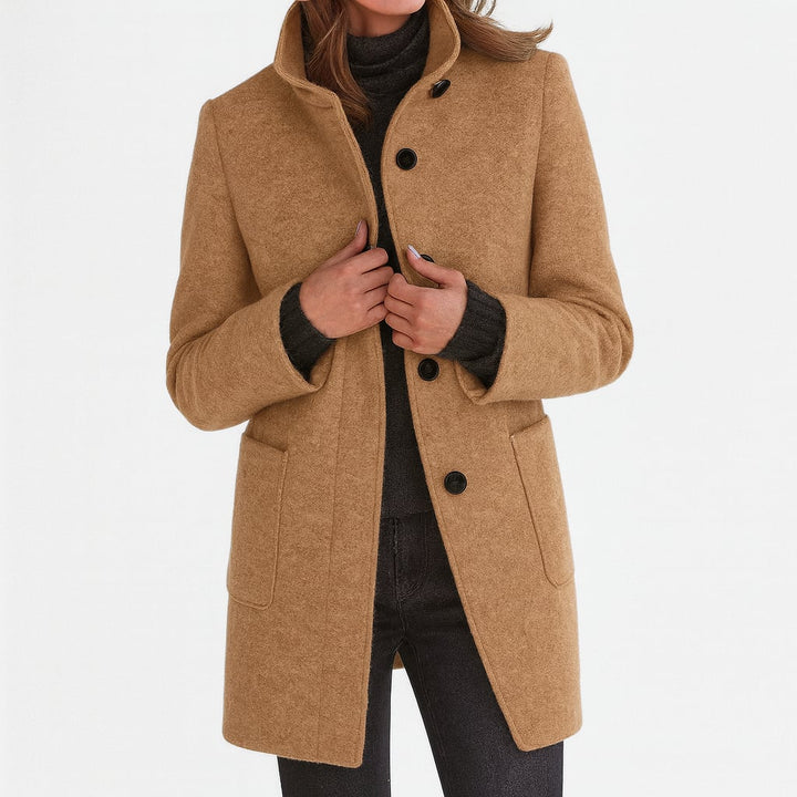 Camila coat in gray colorway, full-length view on a female model