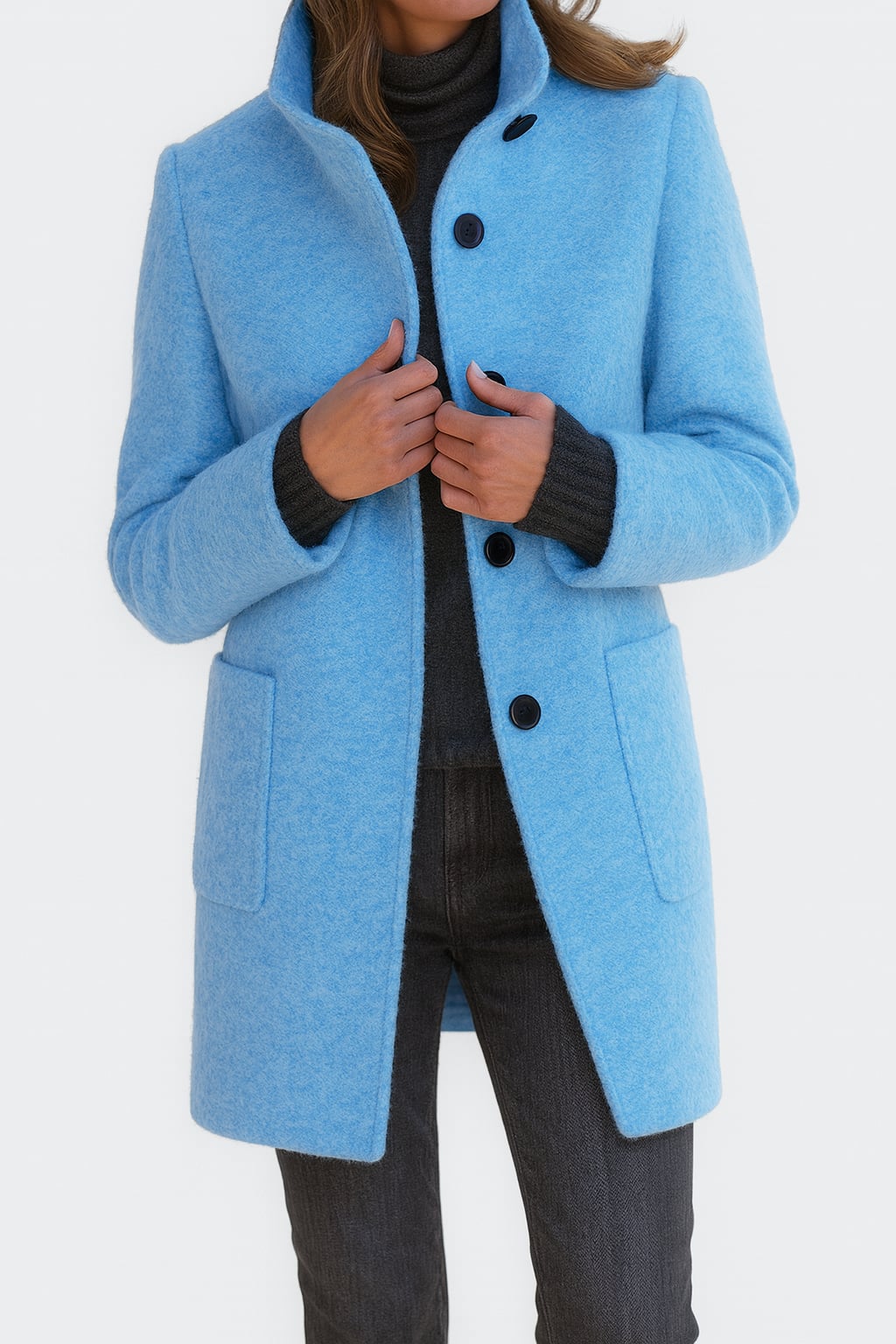 Flat lay of the Camila women's coat showing overall cut and length