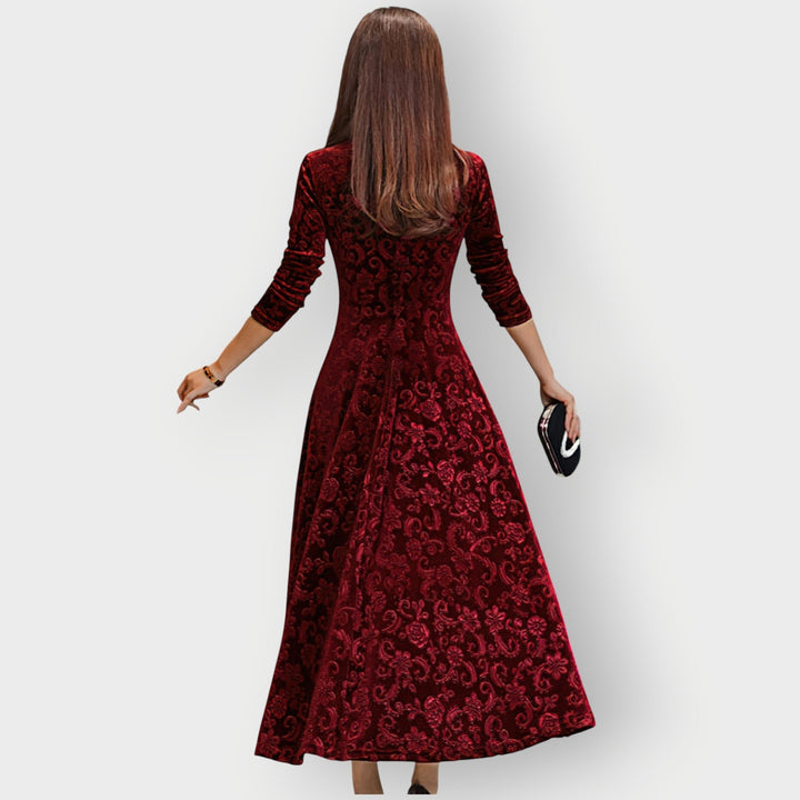Full-length front view of the Camila velvet midi dress in classic black