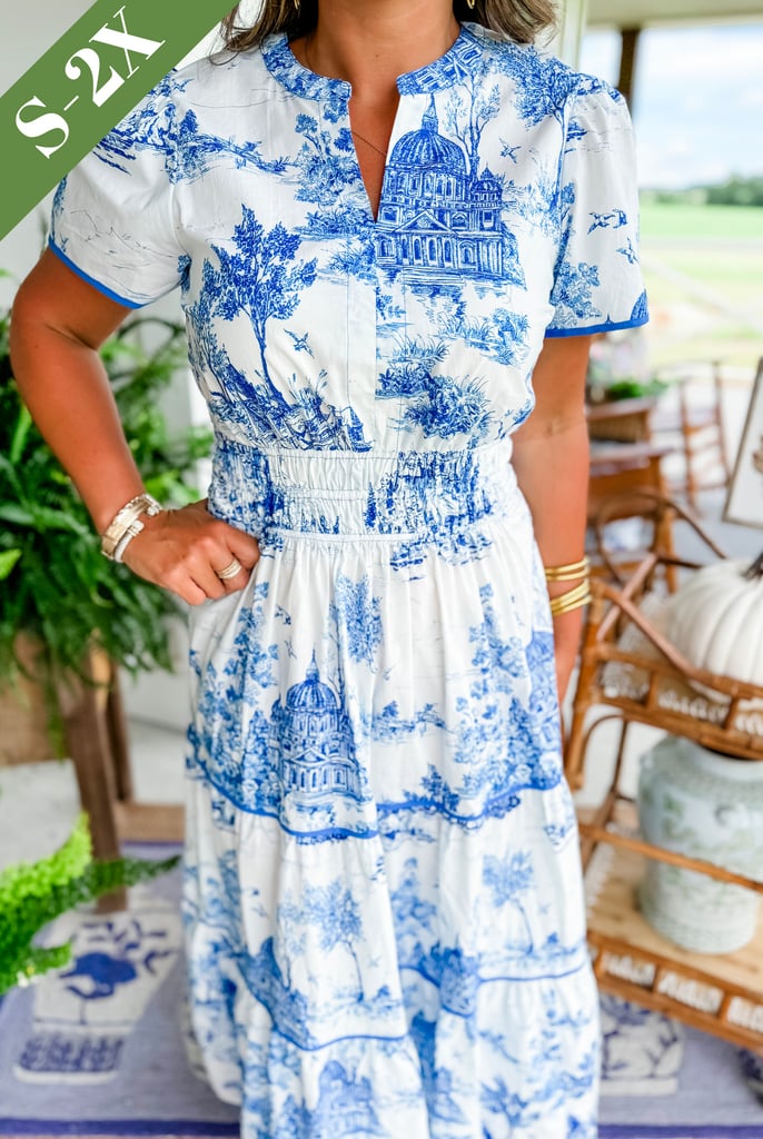 Side view of the Camille Classic Toile Maxi Dress showing the tiered skirt silhouette