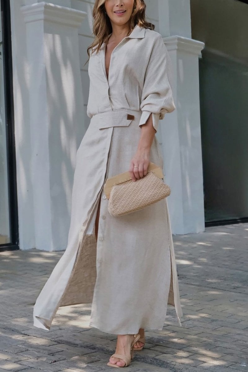 Woman wearing the Camille collared belted maxi dress in beige, showing full-length front view with defined waist belt
