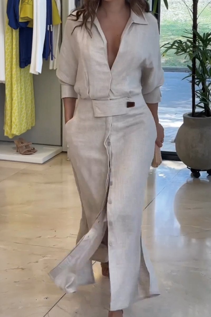 Side profile of the Camille belted maxi dress showing flowing maxi length and silhouette