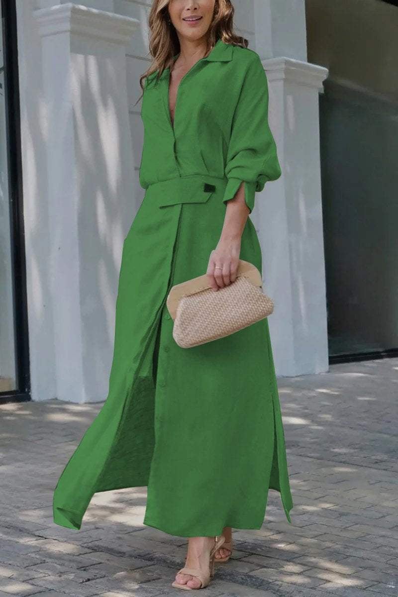 Woman wearing the Camille maxi dress in pink, highlighting the belted waist and collared neckline