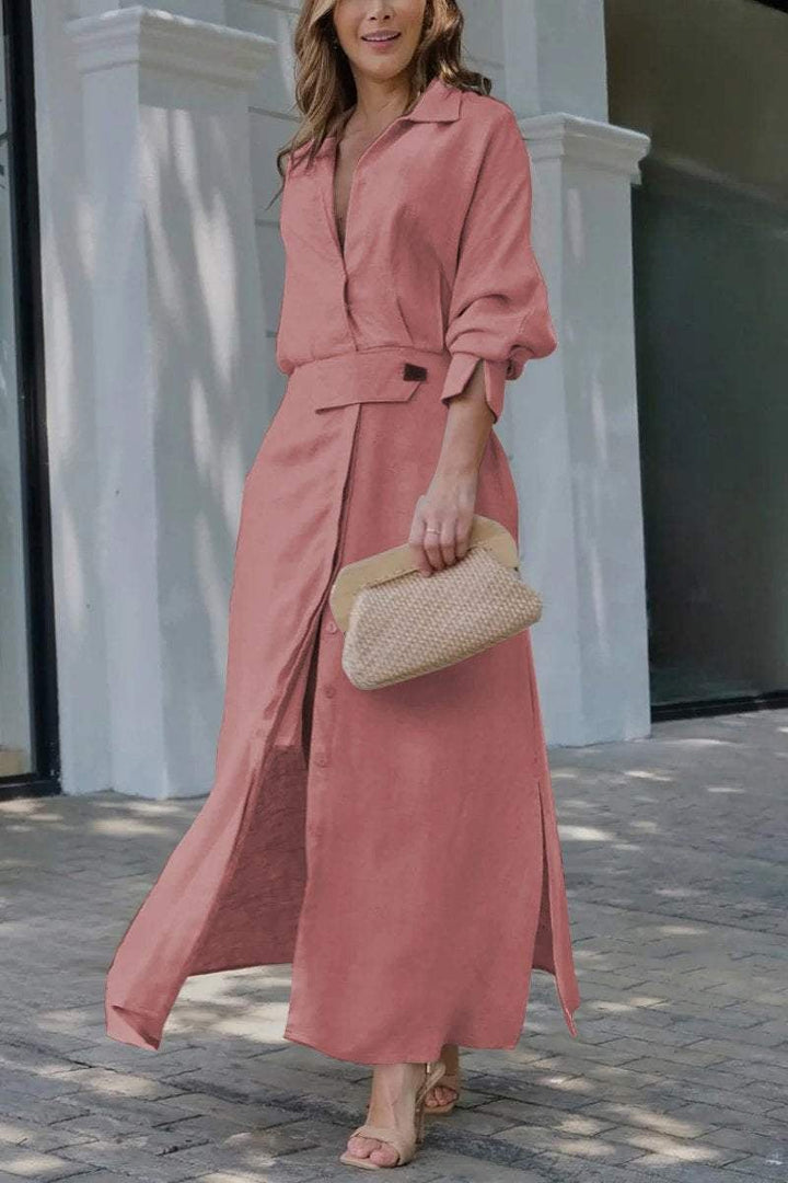 Flat lay of the Camille collared belted maxi dress showing fabric texture and button-front detail
