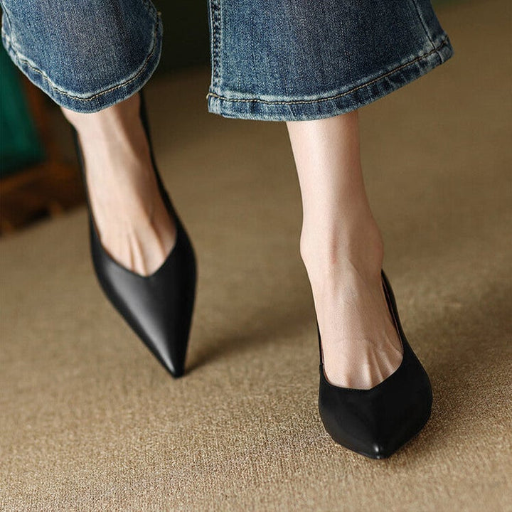 Camille black pointed toe kitten heel pump, front angle view showing tapered toe