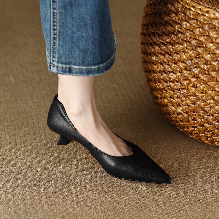 Camille black kitten heel pump, rear view highlighting low flared heel