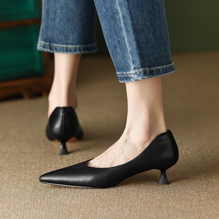 Camille black slip-on pump, top-down view showing smooth upper and pointed toe