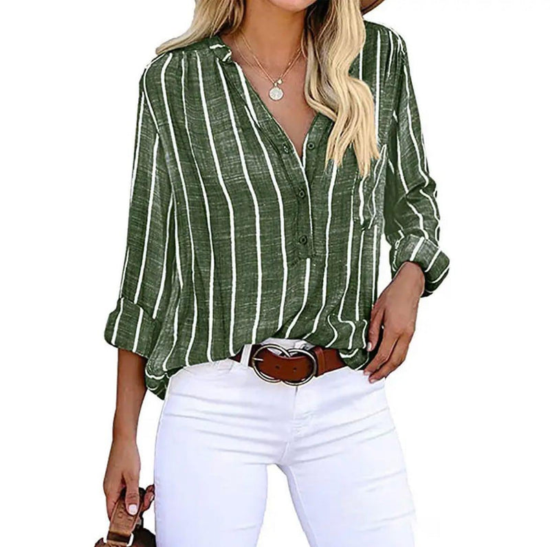 Model wearing gray striped casual button-down blouse with sleeves rolled up, relaxed everyday style