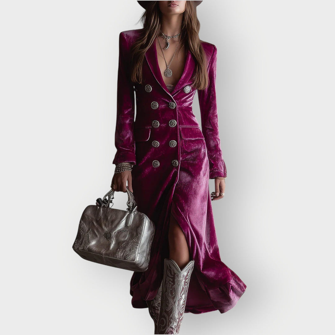 Front view of a lilac velvet maxi dress with a floor-length silhouette and soft plush fabric