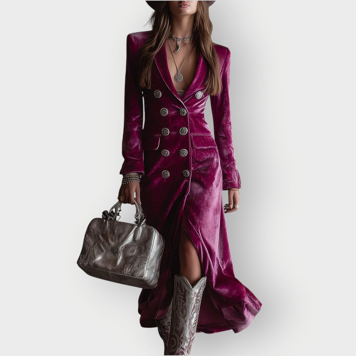 Front view of a lilac velvet maxi dress with a floor-length silhouette and soft plush fabric
