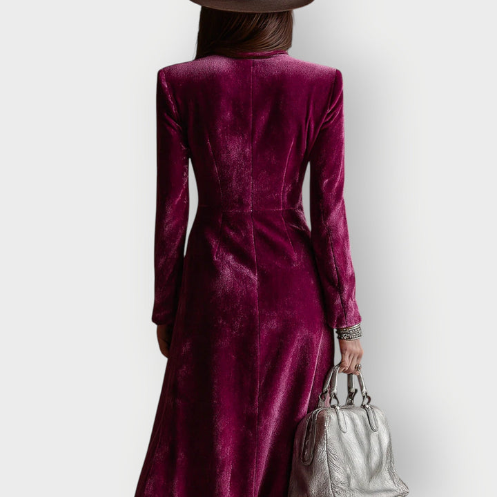 Model wearing the lilac velvet maxi dress styled for a formal evening occasion