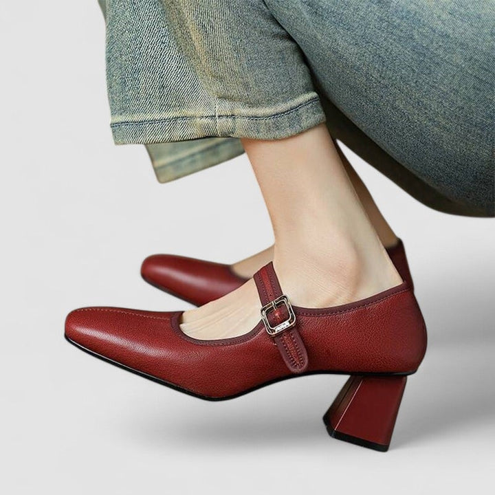 Cara orthopedic Mary Jane shoes in red with adjustable strap, front view