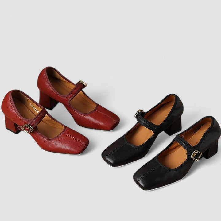 Detail shot of the Mary Jane strap buckle on the Cara shoe in red