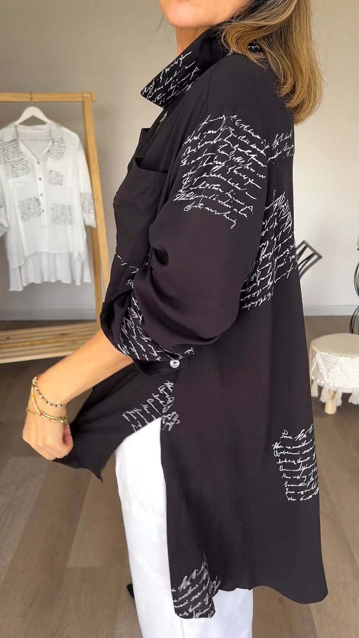 Front view of the Carla button-up shirt showing all-over handwritten script print detail