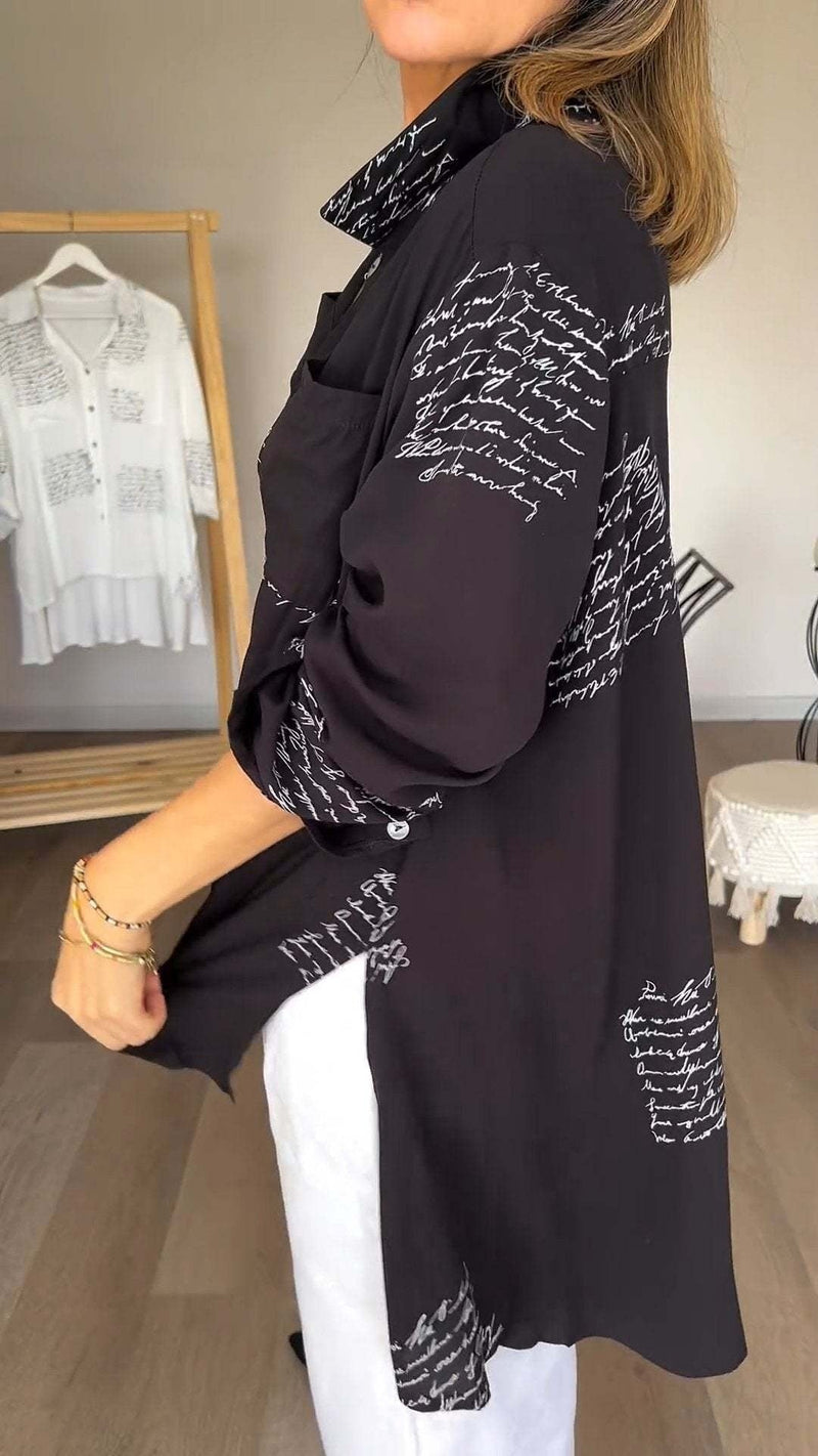 Front view of the Carla button-up shirt showing all-over handwritten script print detail