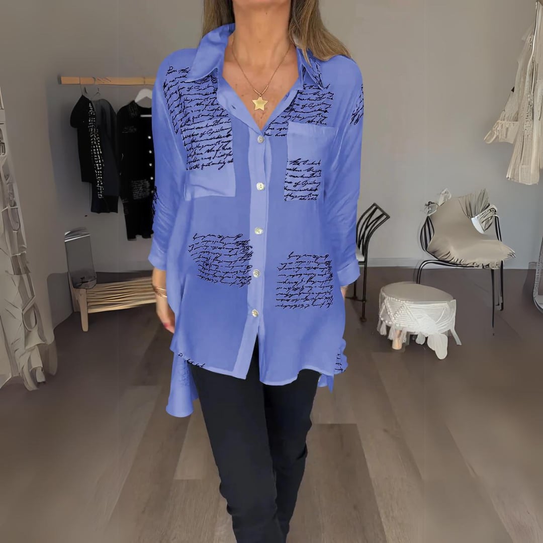 Back view of the Carla handwritten button-up shirt showing script print coverage