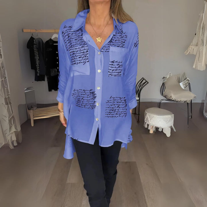 Back view of the Carla handwritten button-up shirt showing script print coverage