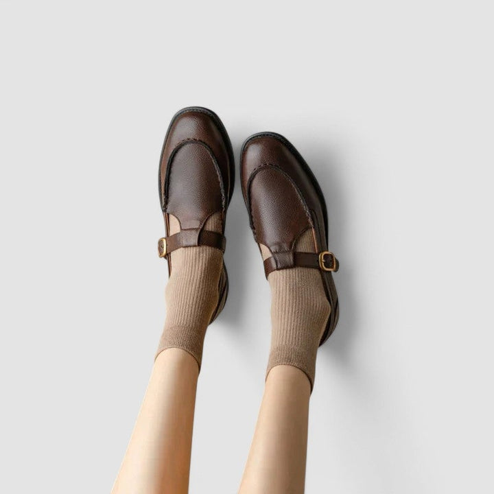 Florimay Carla orthopedic Mary Jane shoes in black, side profile showing square toe and ankle strap