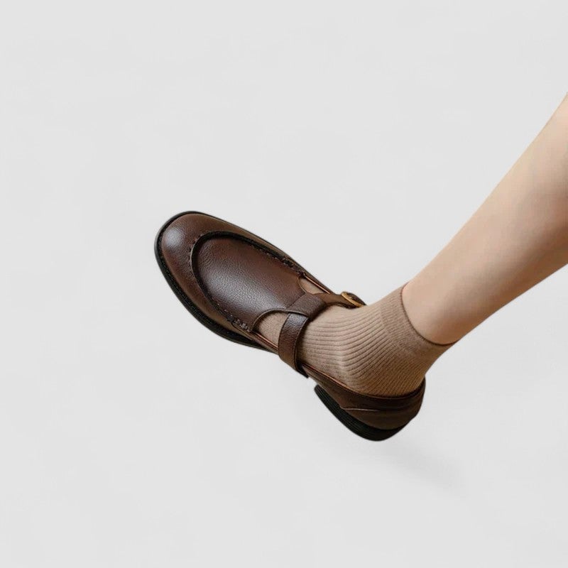Florimay Carla Mary Jane shoes in brown, front three-quarter view on white background