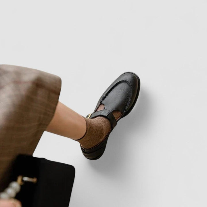 Florimay Carla square-toe Mary Janes in brown, side view highlighting flexible construction